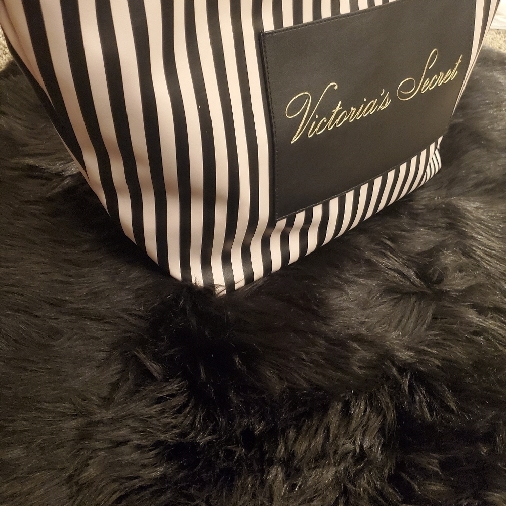 VICTORIA'S SECRET LARGE BLUSH PINK & BLACK STRIPED SHOPPER TOTE BAG #5 - Picture 4 of 10
